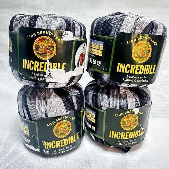 Lion Brand 4 Balls INCREDIBLE Vintage Ribbon Yarn ACCENT ON BLACK grey lot - Picture 1 of 6